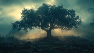 Mystic Tree Wallpaper: Foggy Nature Landscape for Desktop Backgrounds