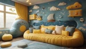 Kids Room Wallpaper: Nautical Theme, Cute Clouds, Yellow Sofa 4K