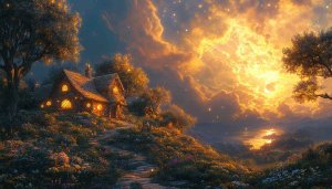 Fantasy House Wallpaper, Cottagecore, Nature, Sky, Desktop Background, 4K