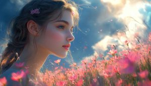 Beautiful Girl in Flower Field Scenery Wallpaper for Desktop Backgrounds