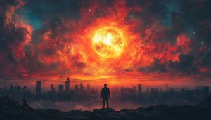 Apocalyptic City Sky Wallpaper, Man Silhouette Against Blazing Sun Backdrop