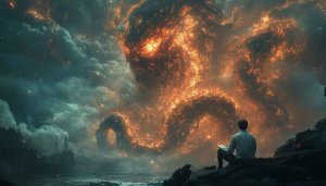 Epic Fantasy Wallpaper: Man vs Monster, Cinematic Desktop Background