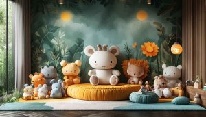 Cute Animal Plush Wallpaper for Kids Room Background Theme