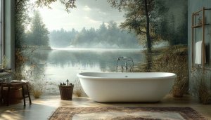 Lake View Bathroom Wallpaper, Relaxing Interior Decor, Serene Home Wallpaper