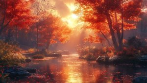 Autumn Forest River Landscape Wallpaper, Fall Foliage Scenic Background