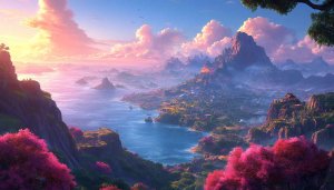 Anime Landscape Wallpaper: Dreamy Mountain and Coastal Town Scenery