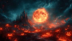 Spooky Halloween Wallpaper: Castle, Pumpkins and Fiery Moon HD