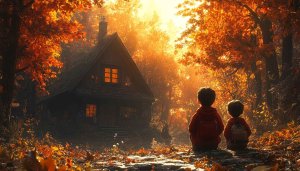 Autumn Cabin Wallpaper: Boys, Leaves, and Cozy Home Ambiance