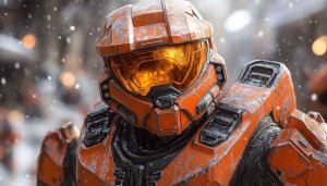 Halo Infinite Wallpaper: Orange Spartan Armor in Snowy Battle
