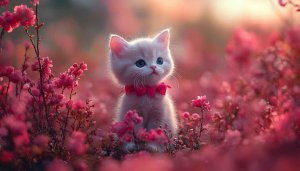 Cute Kitten Wallpaper: Pink Flowers, Adorable Kitty for Desktop Background