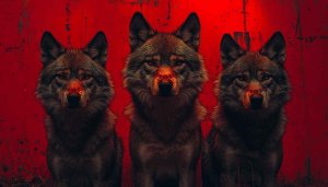 Three Wolves Wallpaper, Red Background, Animal Wallpaper, Wolf Pack Art