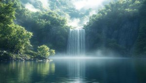 Lakeside Waterfall Wallpaper: Scenic Nature, Peaceful Landscape Background