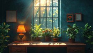 Cozy Interior Wallpaper: Desk, Plants, Window - Aesthetic Room Decor