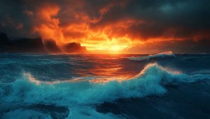 Ocean Sunset Wallpaper: Nature Scenery, Sea Wave, Desktop Background
