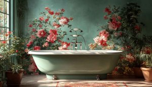 Floral Wallpaper: Vintage Bathroom with Bathtub in 4K for Desktop