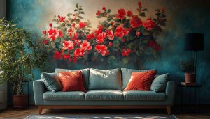 Floral Wallpaper: Red Flowers Painting Style Sofa, Modern Living Room