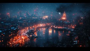 Snowy Cityscape Wallpaper: River Thames, London at Night 4K