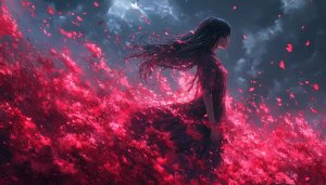 Anime Wallpaper: Girl in Red Dress with Flower Petals 4K