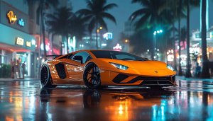 Orange Lamborghini Car Wallpaper: Stylish Vehicle in City at Night