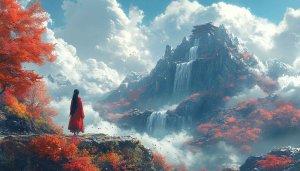 Asian Landscape Wallpaper: Woman in Red, Mountain Scenery, 4K
