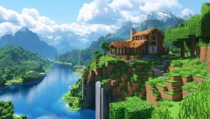 Minecraft Wallpaper 4K: House on Cliffside with Mountain Scenery