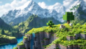 Minecraft Wallpaper: Scenic Landscape, Mountain, Animals, and Lush Greenery