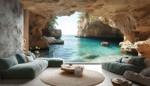 Beach Cave Wallpaper: Scenic Ocean View, Nature Theme, Relaxing Interior