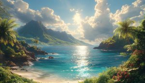 Tropical Island Scenery Wallpaper, Ocean and Mountain Landscape Background