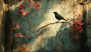 Bird Wallpaper: Branch with Autumn Leaves - Aesthetic Wallpaper