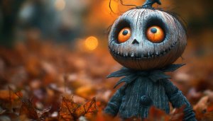 Halloween Wallpaper: Spooky Pumpkin Character, Autumn Leaves 4K Wallpaper