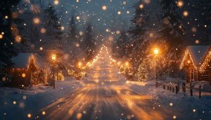 Magical Winter Christmas Wallpaper, Snowfall, Illuminated Cottages, and Forest