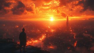 Fiery Sunset Cityscape Wallpaper, Dramatic Sky, High Resolution Views