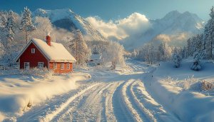 Winter Scenery Wallpaper: Snowy Mountain & Cottage 4k, Desktop Background