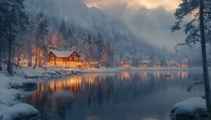 Winter Lake House Wallpaper, Christmas Scenery wallpaper for desktop