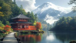 Japanese Temple with Lake Mountain Wallpaper for Desktop, Laptop, Phone