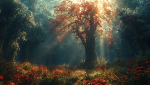 Enchanted Forest Wallpaper: Sunlit Trees and Wild Red Flowers