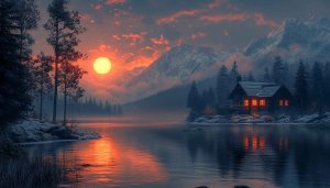 Cabin in Woods Wallpaper: Lake, Sunset, Mountain Scenery, 4K