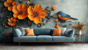 Floral Wallpaper: Bird and Orange Flower Art for Home Decor