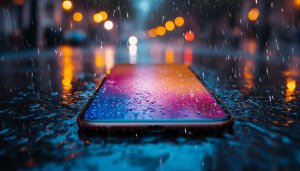 Rain Wallpaper: Smartphone on Wet Surface, 4k Wallpaper