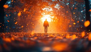 Autumn Wallpaper: Man in Forest, Falling Leaves, 4K Wallpaper