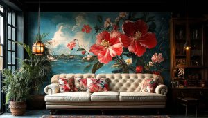 Floral Wall Mural Wallpaper: Red Flowers, Lake View, Elegant Home