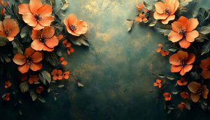 Floral Wallpaper: Orange Flowers on Dark Green Background, Art 4K