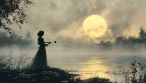 Moon Wallpaper: Woman Silhouette with Musical Instrument, Lake Scene