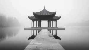 Monochrome Asian Architecture Wallpaper: Foggy Pagoda for Desktop & Mobile
