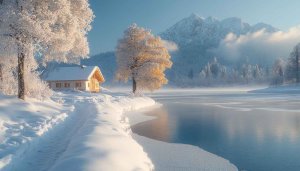 Winter Wallpaper: Snowy Cabin, Lake, and Mountain Scenery 4K