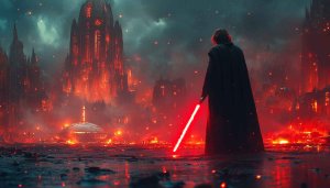 Star Wars Wallpaper: Darth Vader Red Lightsaber Sith Cityscape Art