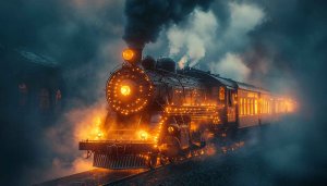 Vintage Train Wallpaper: Steam Locomotive, Night, Glowing Lights, 4K