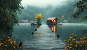 Lake Wallpaper: Scenic Dock and Cabin Desktop Background 4K