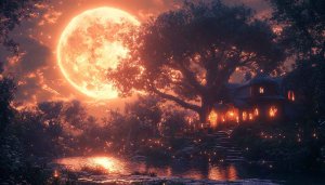 Fantasy Moon Wallpaper: Cottagecore, Landscape, Night Sky, 4K, Desktop