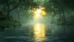 Sunlit River Wallpaper: Nature Forest Scene, 4k, Desktop, Laptop